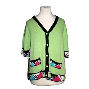 Vintage Terazzo Embroidered Knit Button Front Cardigan Sweater Sz X-Large Green